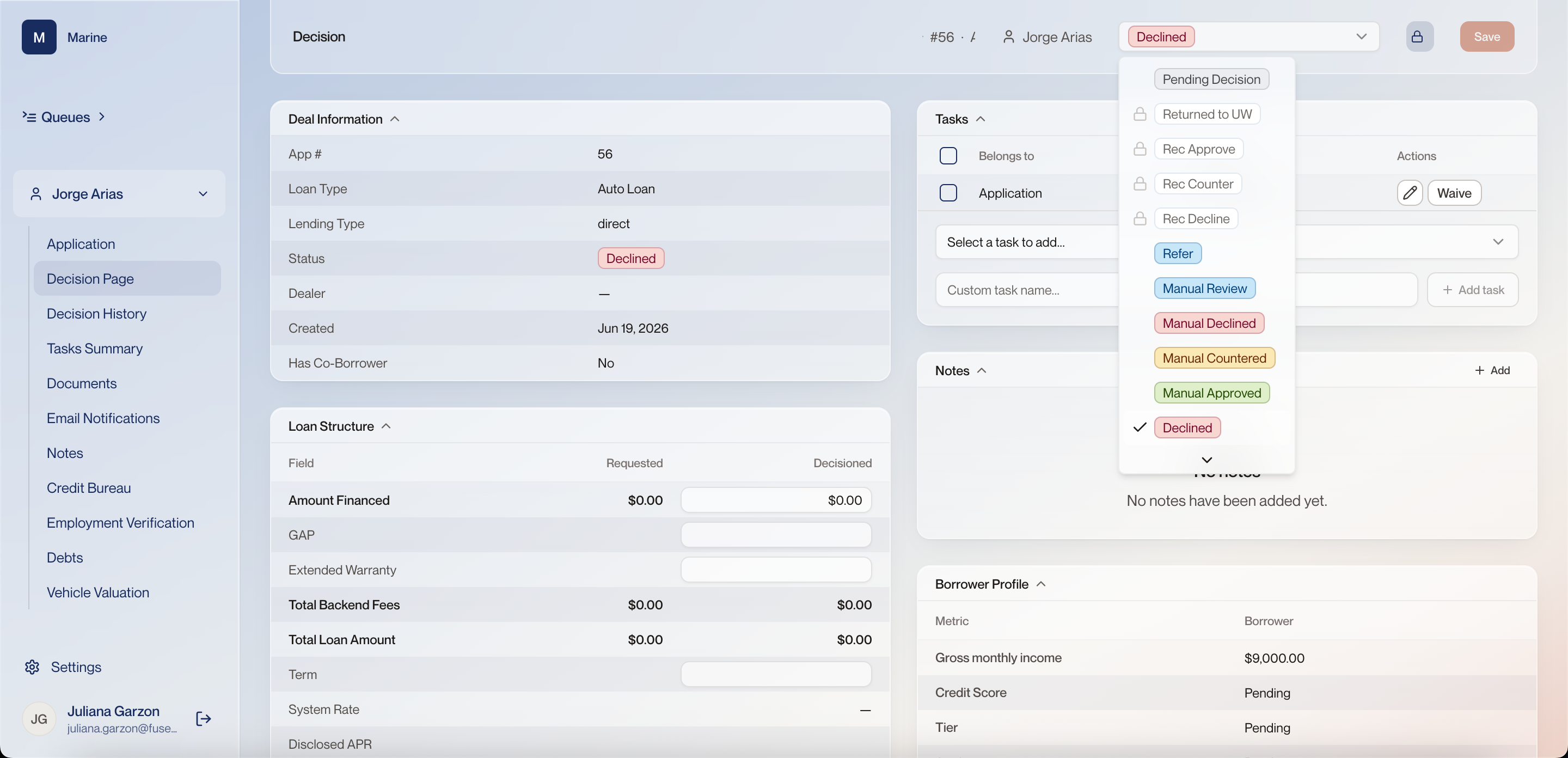 Decision status dropdown